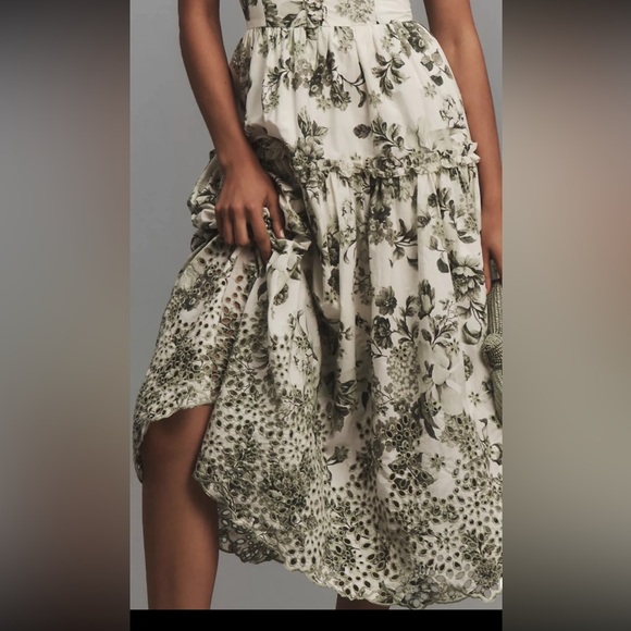 Anthropologie White and Green Floral Midi Dress Size Small - Picture 5 of 9